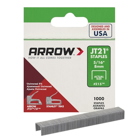 Arrow Fastener Light Duty Staples, JT21, 23 ga, Wide Crown, 5/16 in Leg L, Steel, 1000 PK 215